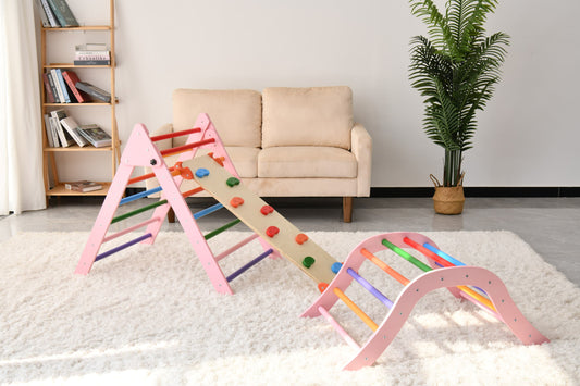 Gardenia Pikler Triangle Set Montessori Toddler Climbing Toys Indoor, Foldable Climbing Toys for Toddlers 1-3 Inside, 2 Piece Baby Climbing Gym Indoor Playground, Pink