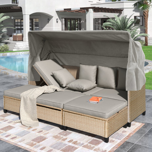 4 Piece UV-Proof Resin Wicker Patio Sofa Set with Retractable Canopy, Cushions and Lifting Table,Brown