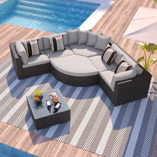 7-piece Outdoor Wicker Sofa Set, Rattan Sofa Lounger, With  Colorful Pillows, Conversation Sofa, For Patio, Garden, Deck, Brown Wicker