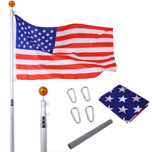 16FT Telescopic Flag Pole Kit,  Sectional Flag Pole Kit, Extra Thick Heavy Duty Aluminum Flagpole, Outdoor Inground Flag Poles with Topper Balls for Yard, Residential or Commercial