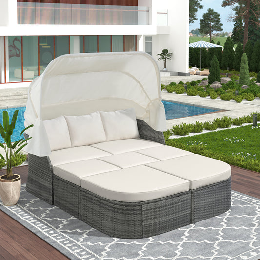 Outdoor Patio Furniture Set Daybed Sunbed with Retractable Canopy Conversation Set Wicker Furniture (As same as WY000281AAE)