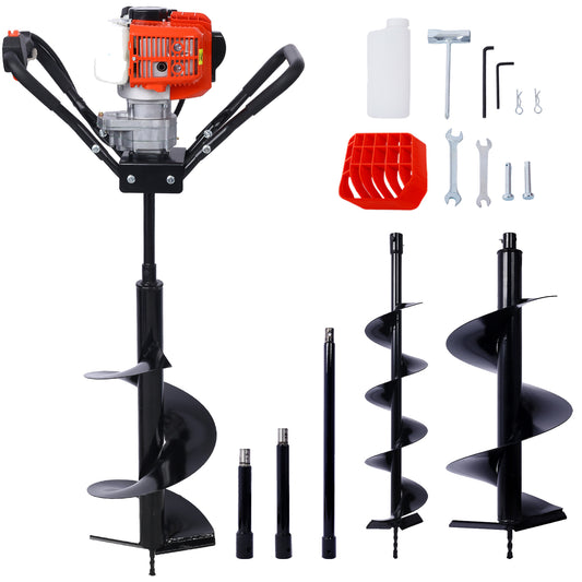 V-Type 52CC 2 Stroke Gas Post Hole Digger One Man Auger EPA Machine Plant Soil Digging Fence withHole Digger Replacement Auger Bits L6'+L10'+L12' DRILL BITS+EXT ROD KITS