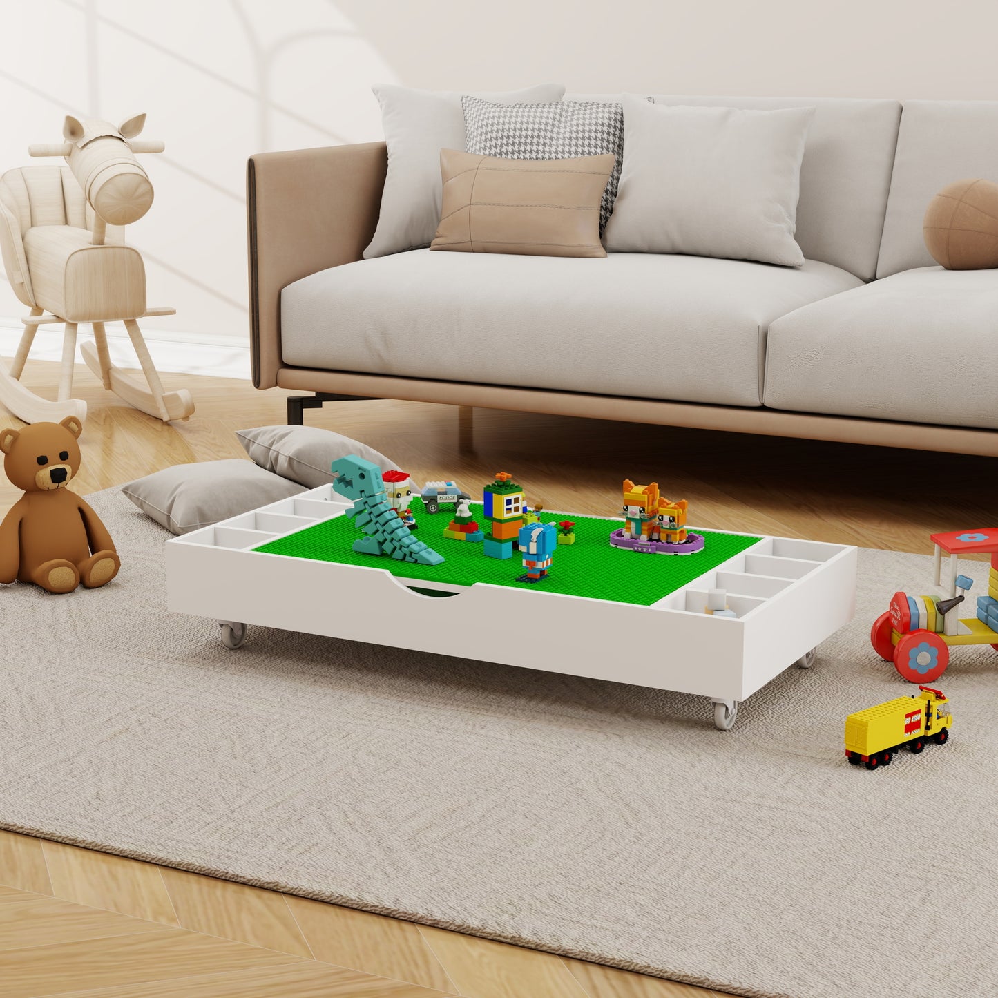 The 2 in 1 Rollaway Play Table and Toy Organizer Compatible with Lego Suitable for Storing Under Bed or Sofa-White (38' x 18.7' x 5.9')
