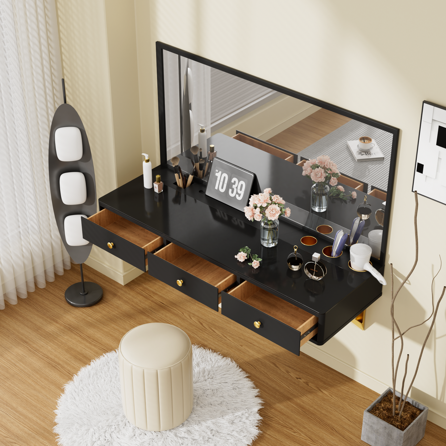 47' Floating Shelf with Drawer, Multi-Purpose Wall-Mounted Vanity Table, Mounted Desk, Floating Table for Bedroom, Bathroom, Hairdressers, Black and Golden