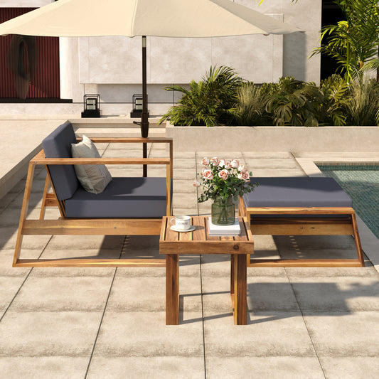 Acacia Wood Outdoor Lounge Set - Chair & Ottoman, Perfect for Patios, Balconies, and Gardens