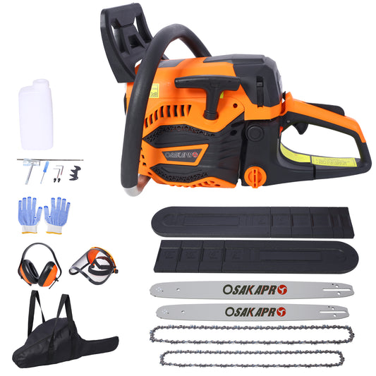 62CC Gas Powered Chainsaw, 2-Cycle Petrol Handheld Cordless Chain Saw, Gasoline Gas Chainsaws for Tree Wood Cutting,with 18' and 20' guide bar and chain,Safety kit, Storage Bag, EPA compliant