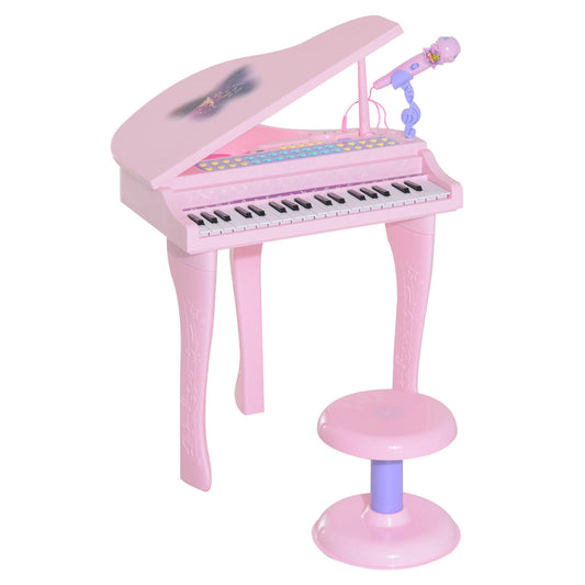 37-Key Kids Toy Keyboard Piano Musical Electronic Instrument Grand Piano with Microphone, Stool, MP3, U-Disk, Lights for 3-6 Years, Pink