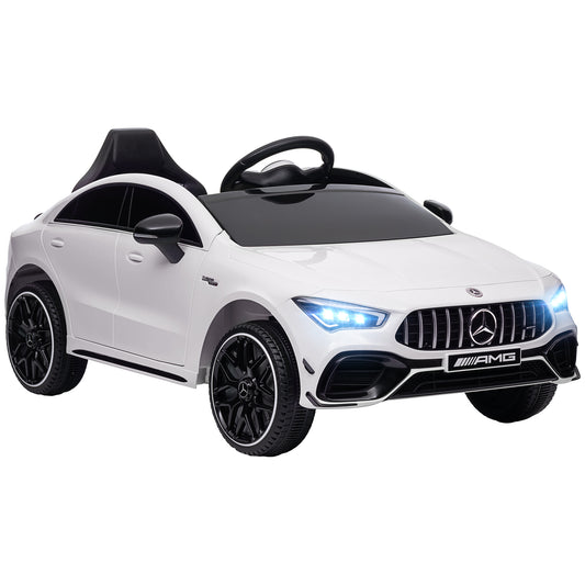 Mercedes-Benz AMG CLA 45 Licensed 12V Kids Electric Car, Battery Powered Ride on Car with Remote Control, Transport Wheels, Spring Suspension, LED Lights, Music Horn, White
