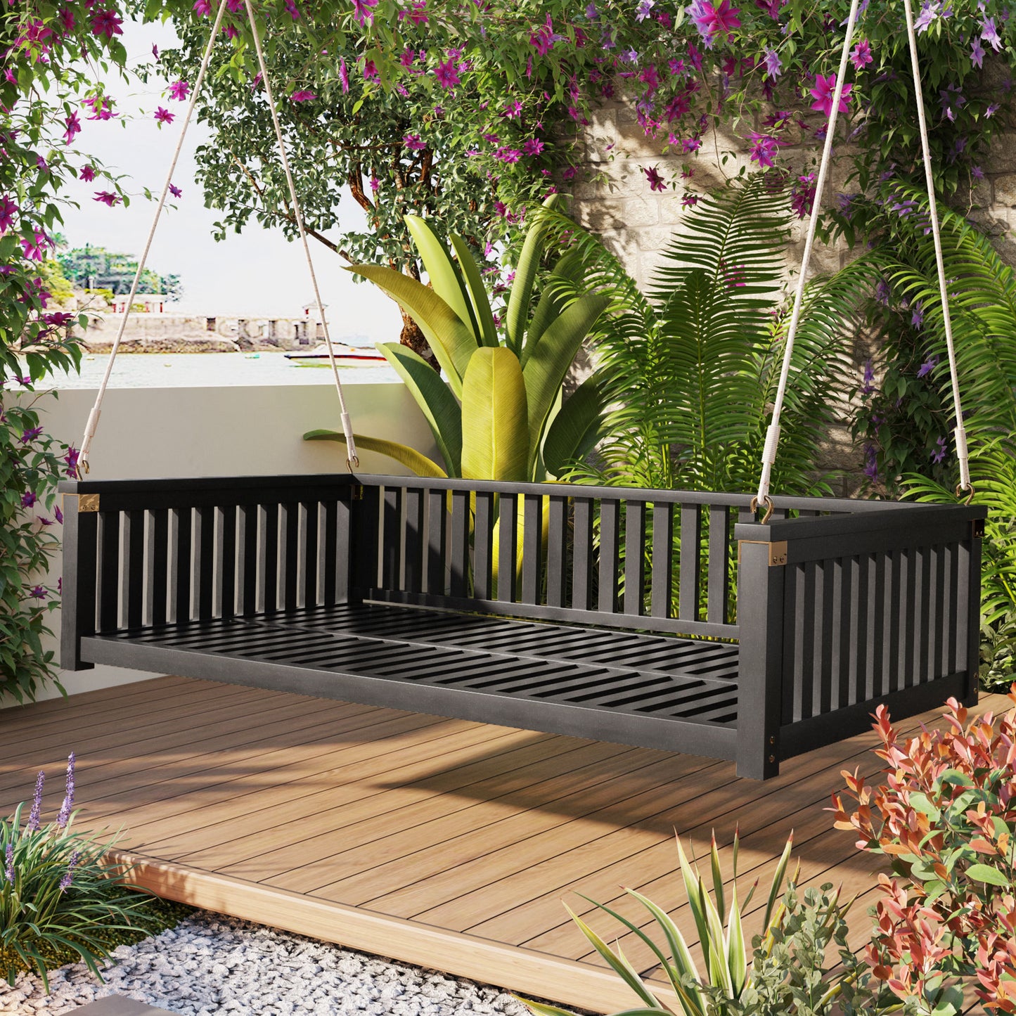 Patio Minimalist Twin Size Garden Swing Bed Wood Porch Swing with Ropes for Backyard, Safe Sloped Design, Black