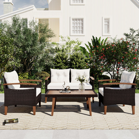 4-Piece Garden Furniture,  Patio Seating Set, PE Rattan Outdoor Sofa Set, Wood Table and Legs, Brown and Beige
