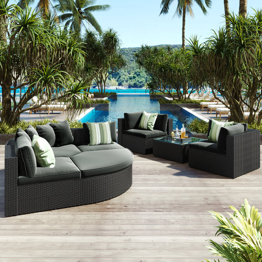 7-piece Outdoor Wicker Sofa Set, Rattan Sofa Lounger, With Striped Green Pillows, Conversation Sofa, For Patio, Garden, Deck, Black Wicker, Gray Cushion