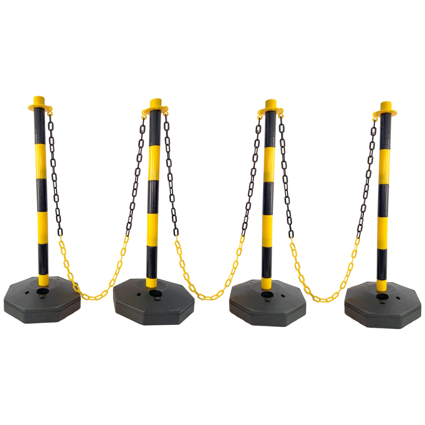 4 Pack Traffic Delineator Post Cones with Fillable Base, Adjustable Plastic Safety Barrier with 5Ft Plastic Chain, Outdoor and Indoor Crowd Control Stanchion for Traffic Control and 
warning Y/B