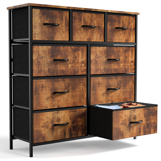 Sweetcrispy 9 Tall Fabric Clothes Cabinet Storage Organizers and Wood Top Surface Table Chest of Drawers, Living Room, Hallway, Porch, Kids Bedroom Dresser, Black