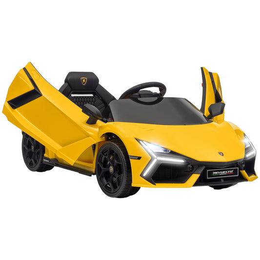 Lamborghini Revuelto Licensed 12V Kids Electric Car, Battery Powered Ride on Car with Hydraulic Doors, Remote Control, Transport Wheels, Spring Suspension, Music, Lights, 3 Speeds, Yellow