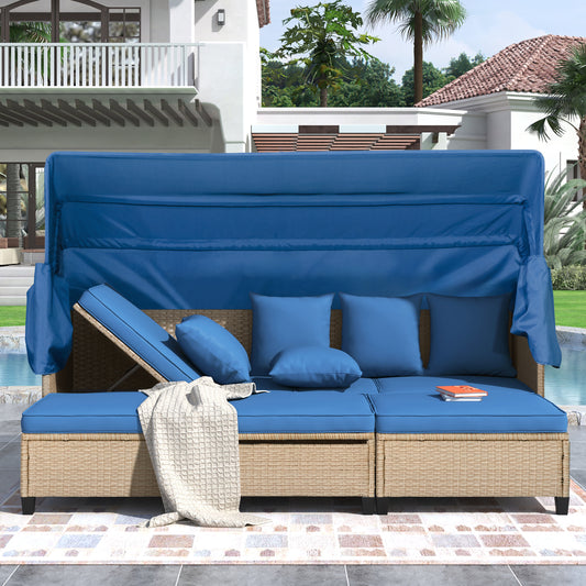 4 Piece UV-Proof Resin Wicker Patio Sofa Set with Retractable Canopy, Cushions and Lifting Table,Blue