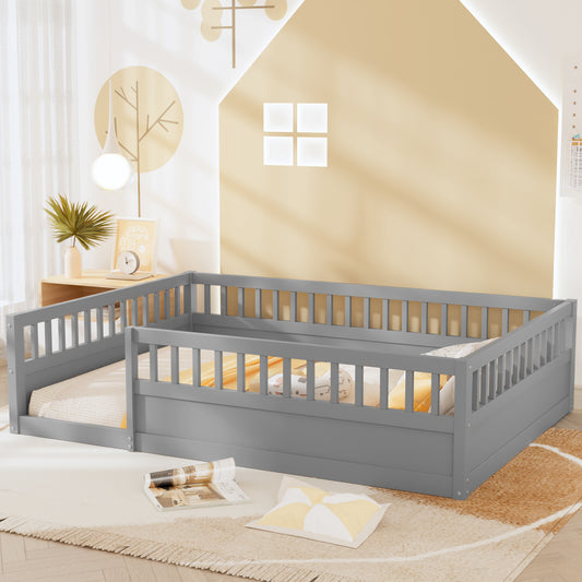 Full Floor Bed Frame with Fence, Wood Kids Floor Beds Frame for Bedroom Playroom,Gray(Expect arrive date Jul. 10th)