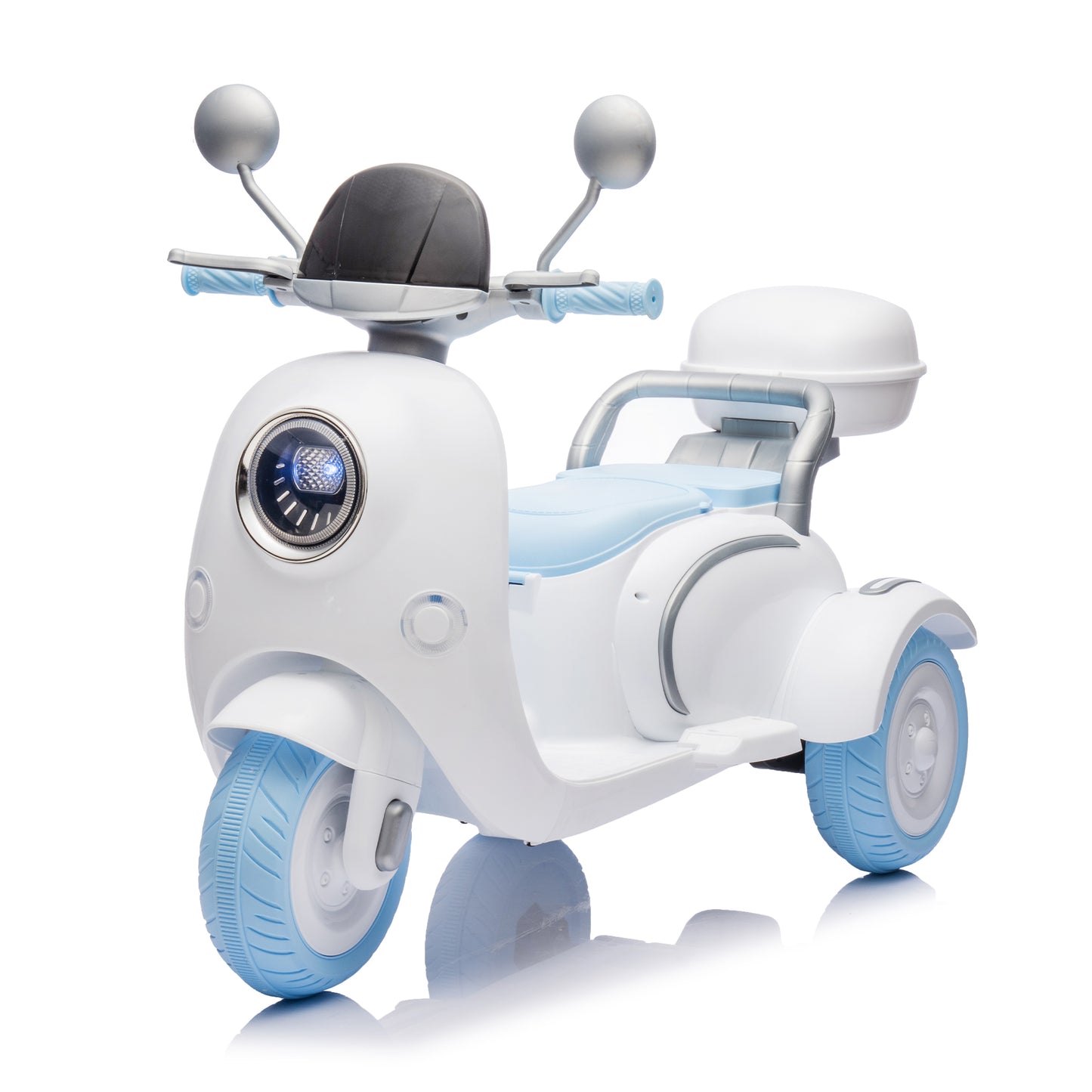 12V Two-seater Kids Ride On Electric Motorcycle,Three Wheels Kids toy with Slow Start,Multi-function player,USB,Bluetooth, light,Backseat flip adult seat, Oversized Storage Box for kids Aged 3-6.