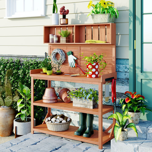 65' Large Wooden Farmhouse Rustic Outdoor Potting Bench Table, Patio Workstation, Garden Potting Bench with 4 Storage Shelves and Side Hook,Natural