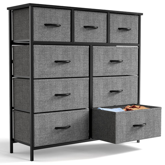 Sweetcrispy 9 Tall Fabric Clothes Cabinet Storage Organizers and Wood Top Surface Table Chest of Drawers, Living Room, Hallway, Porch, Kids Bedroom Dresser, Black