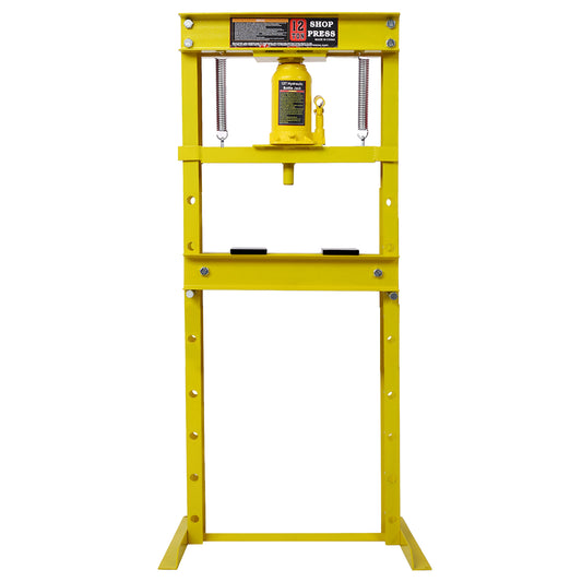 Hydraulic Shop Press ,12-Ton Capacity , Floor Mount ,with Press Plates, H-Frame Garage Floor Press, Adjustable Working Table Height, ,yellow