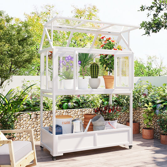 TOPMAX Garden Wood Portable Cold Frame with Movable Wheels Mini Greenhouse with Openable Roof and Storage Box, White