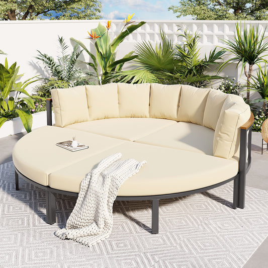 U-style Patio Furniture Set, 4 Piece Round Outdoor Conversation Set All Weather Metal Sectional Sofa with Cushions