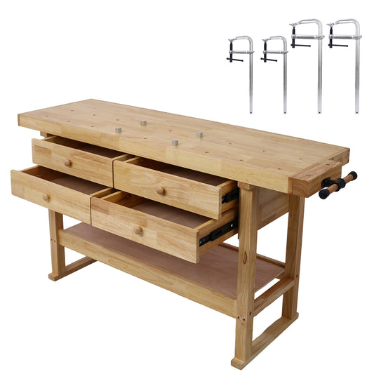 60in Workbench with 4 Drawers Wooden Workbench for Garage Workshop and Home, with Bar Clamps Set 2 pcs 12 inch x 3inch+ 2pcs 16inchx4-3/4' ,4pcs pack