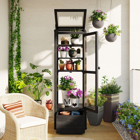 62.4inch Height Wood Garden Greenhouse Balcony Portable Mini Cold Frame with Movable Storage Box and Adjustable Shelves for Outdoor Indoor Use, Black