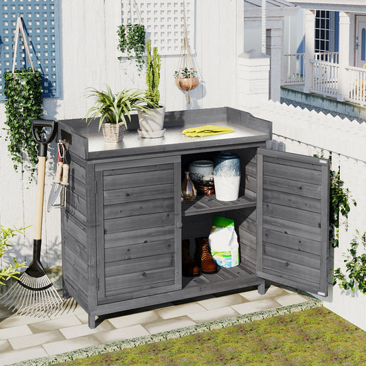 Outdoor 39' Potting Bench Table, Rustic Garden Wood Workstation Storage Cabinet Garden Shed with 2-Tier Shelves and Side Hook, Grey