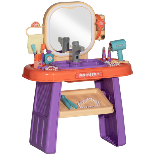 Kids Vanity Set, Toddler Makeup Table with Faucet, Mirror, LED Light, Music, 23 Accessories, Pretend Play Set for Girls 3-6 Years, Purple