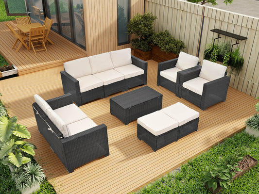10 Piece PE Rattan Patio Furniture Set, Sectional Sofa Set, Outdoor Patio Furniture Set With Cushions & Tempered Glass Coffee Table