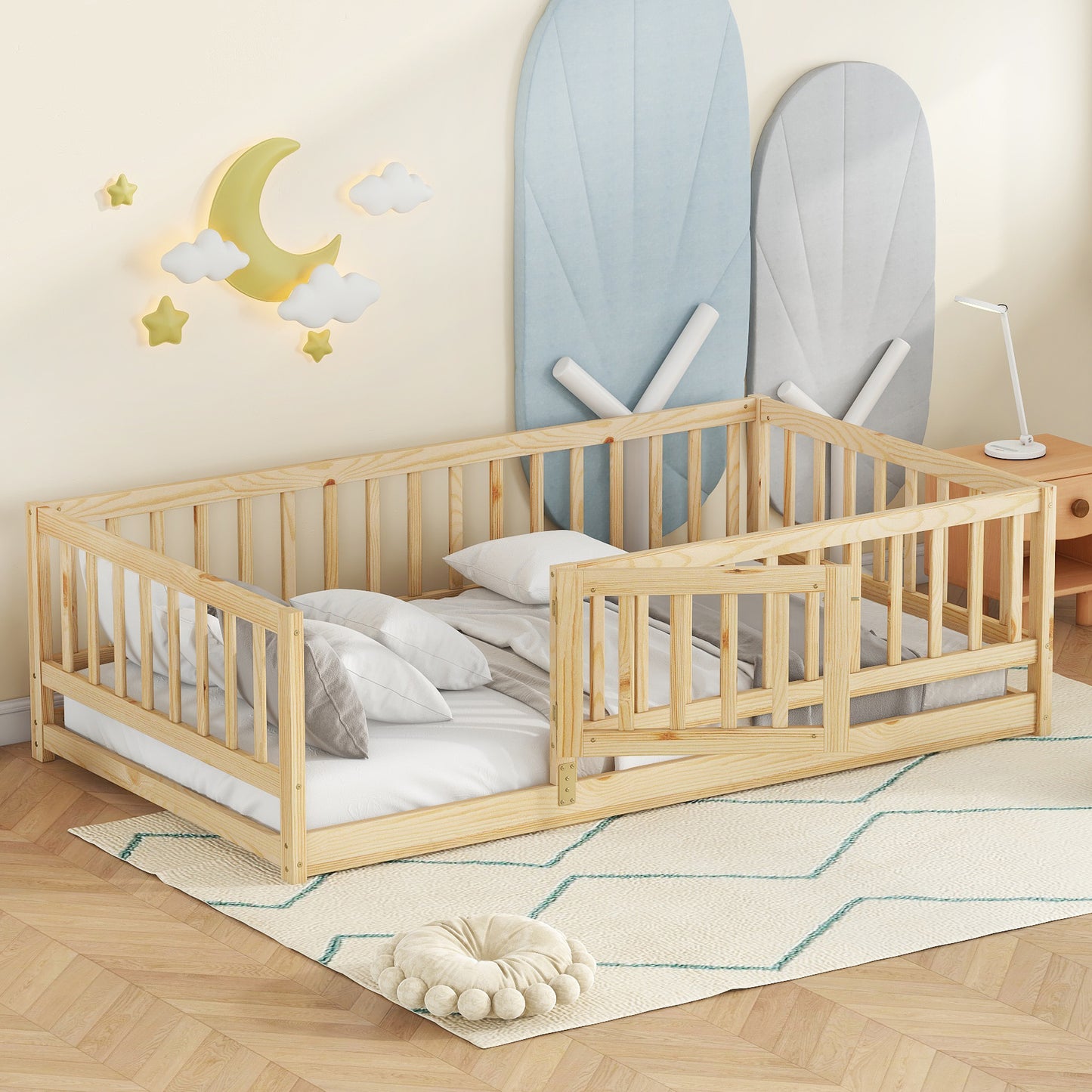 Twin Size Floor Bed with Slats, Montessori Floor Bed with Fence and Door, Kids Montessori Bed Twin Size, Wood Montessori Floor Bed for Kids, Girls, Boys(Twin Natural)