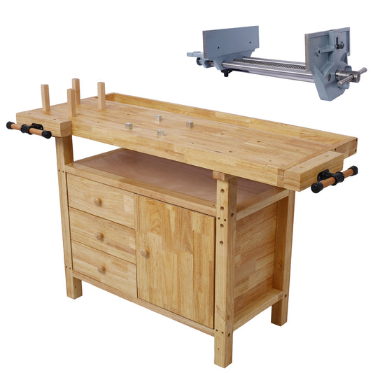 Wood Workbench - Wooden Workbench for Garage Workshop and Home, with Rapid Action Woodworking Vise 10.5 Inch Jaw Width Made with Heavy-Duty Cast Iron , GRAY COLOR