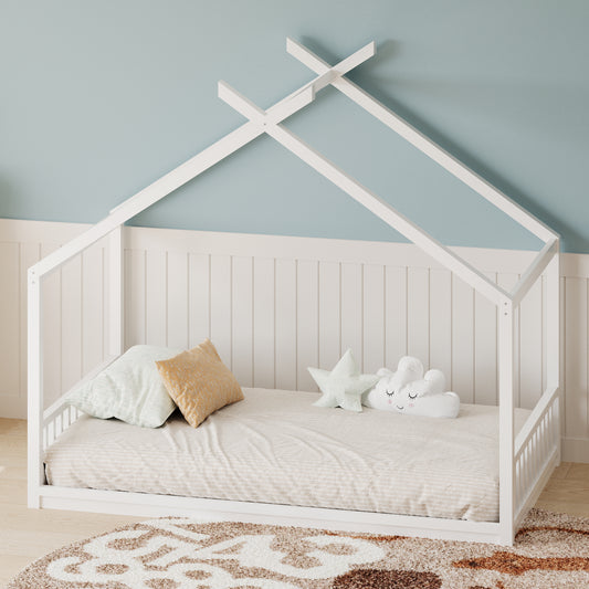 Twin Size Montessori Style House Bed for Kids,Floor Bed Frame with Headboard and Footboard,Wooden Fence Bed for Girls,Boys,Easy Assembly, Slat Not Included, White