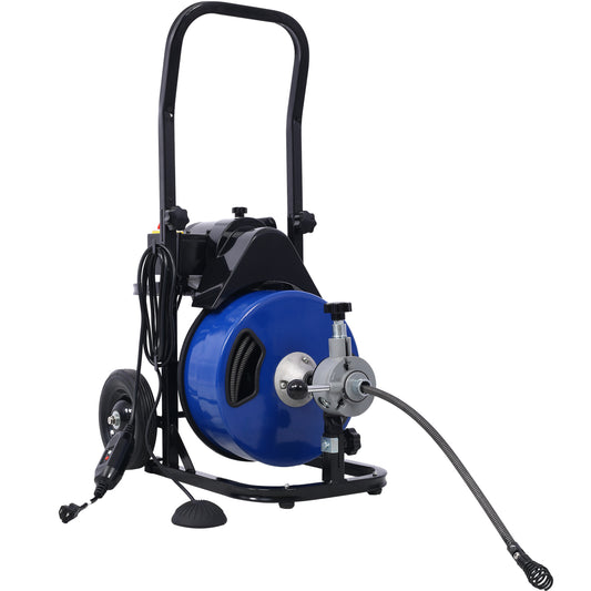 Commercial Sewer Snake Drill Drain Auger Cleaner Cable 60-Feet Long 1/2' (4)-Cutter Set & Foot Switch with Wheel