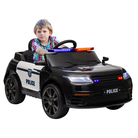 12V Electric Car for Kids, Battery Powerd Kids Car Police Car with Remote Control, 4 Spring Suspension Wheels, Transport Wheel, Siren, Music, Light, Horn, Black