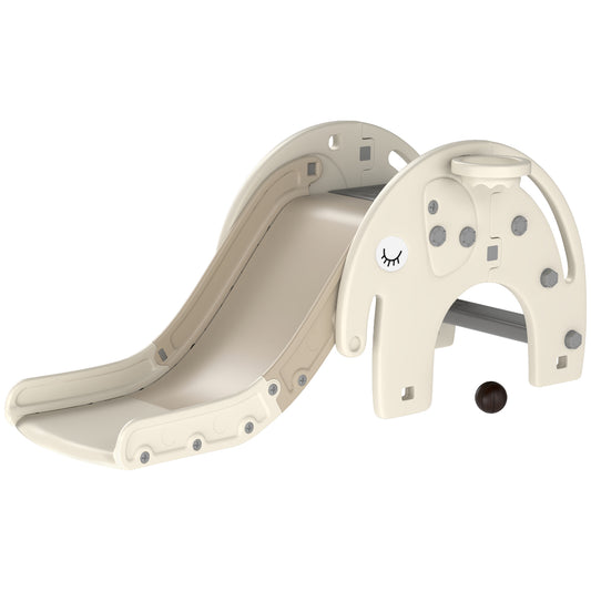 3 in 1 Toddler Slide for Years 1-3, Kids Slide with Climber, Basketball Hoop, Elephant-Shaped Indoor Slide, Cream White