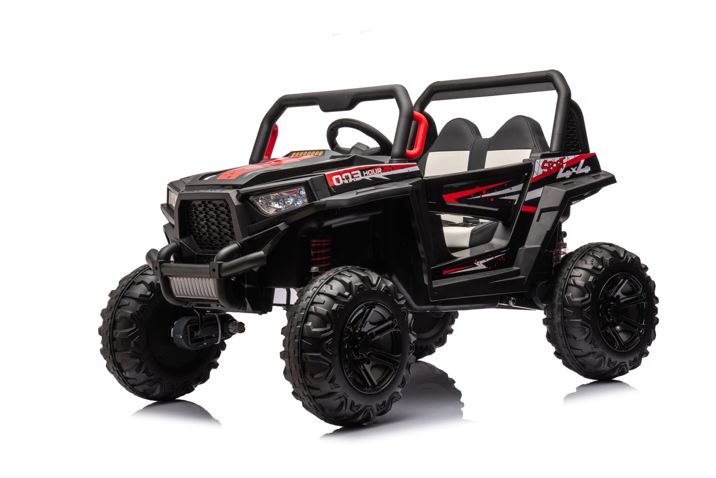 12v7a*2 30w*4 Four-wheel drive leather seat one button start,forward and backward, high and low speed,  music, front light, power display,  two doors can open, 2.4G R/C, seat belt four wheel absorber