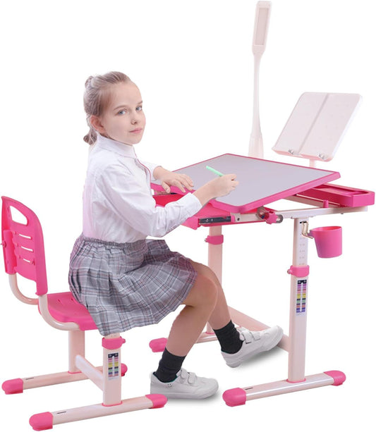 Desk for Kids Desk and Chair Set Kids Art Desk Drafting Table Desk Set with Adjustable Height, 40-Degree Tiltable Children Desktop, LED Light,Bookstand,Blue
