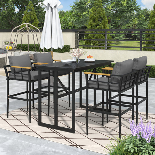 Iron Outdoor Dining Set with Acacia Wood Armrest Suitable For Patio, Balcony Or Backyard