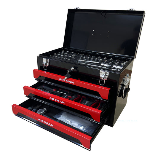 20'' Portable 3-Drawer Steel Toolbox, 4 Layers of Tools with Metal Latches, with Top Storage Tray and carrying Handle, Multi-Function Tool Storage for Garage, Home, or Workbench ,Black&Red