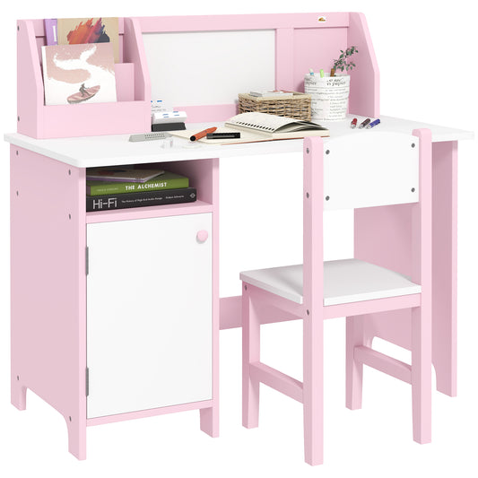 Toddler Desk and Chair Set, Kids Writing Desk Study Table for Children with Whiteboard, Storage Cabinet, Child Furniture, Art Gifts for Kids, Pink