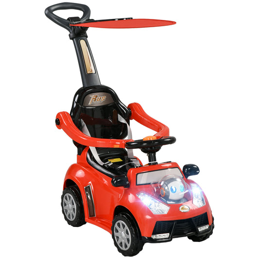 Push Car for Kids 1-3 Years, 3 in 1 Ride on Sliding Car, Foot to Floor Baby Push Car with Removable Handle, Music, Horn, Canopy, Safety Guardrail for Boys and Girls, Red