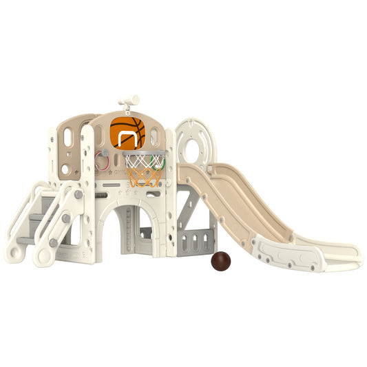7-in-1 Toddler Slide Playset, Kids Slide for Ages 1-6 Years with Ring Toss, Basketball Hoop, Telescope, Indoor Playground with Climber, Storage Space, Crawl Tunnel, Cream White