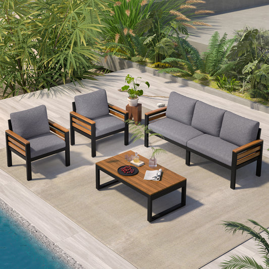 4-Piece Outdoor Furniture Sofa Set for 5 People with  Acacia Wood Armrests, Patio Conversation Set with Removable Cushion and Solid Wood Coffee Table  for Garden and Backyard, Grey