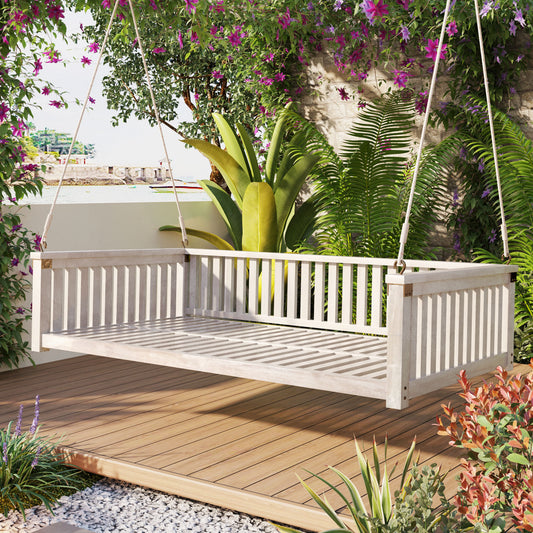 Patio Minimalist Twin Size Garden Swing Bed Wood Porch Swing with Ropes for Backyard, Safe Sloped Design, White