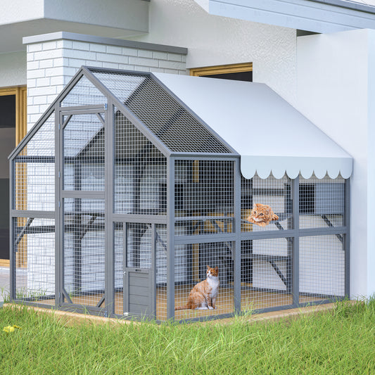 Premium Cat Run Large Outdoor Enclosure, Wooden Catio Kitty Mansion with Suspension Bridges, Strolling Paths, Cozy Cabins, Protective Roof Cover, 82 Inch Expanse