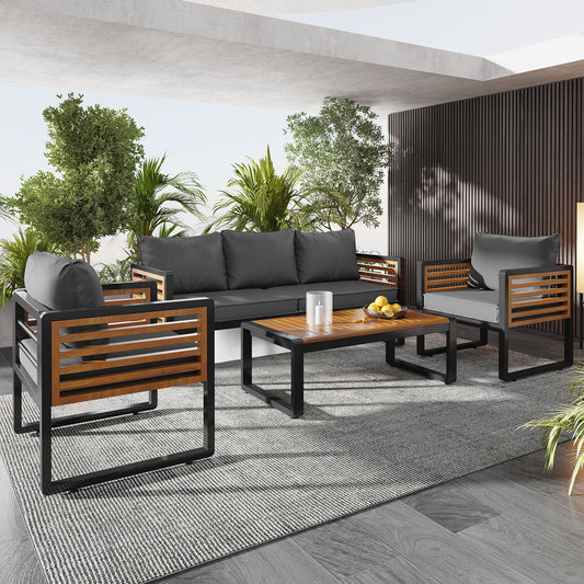 Large Size 4-pieces Outdoor Furniture sofa for 5 Person Conversation Set, Garden Sofa Set With Removable Cushion, Metal And Wood Frame Sofa set, Thick Cushions, Acacia Wood Tabletop, Gray