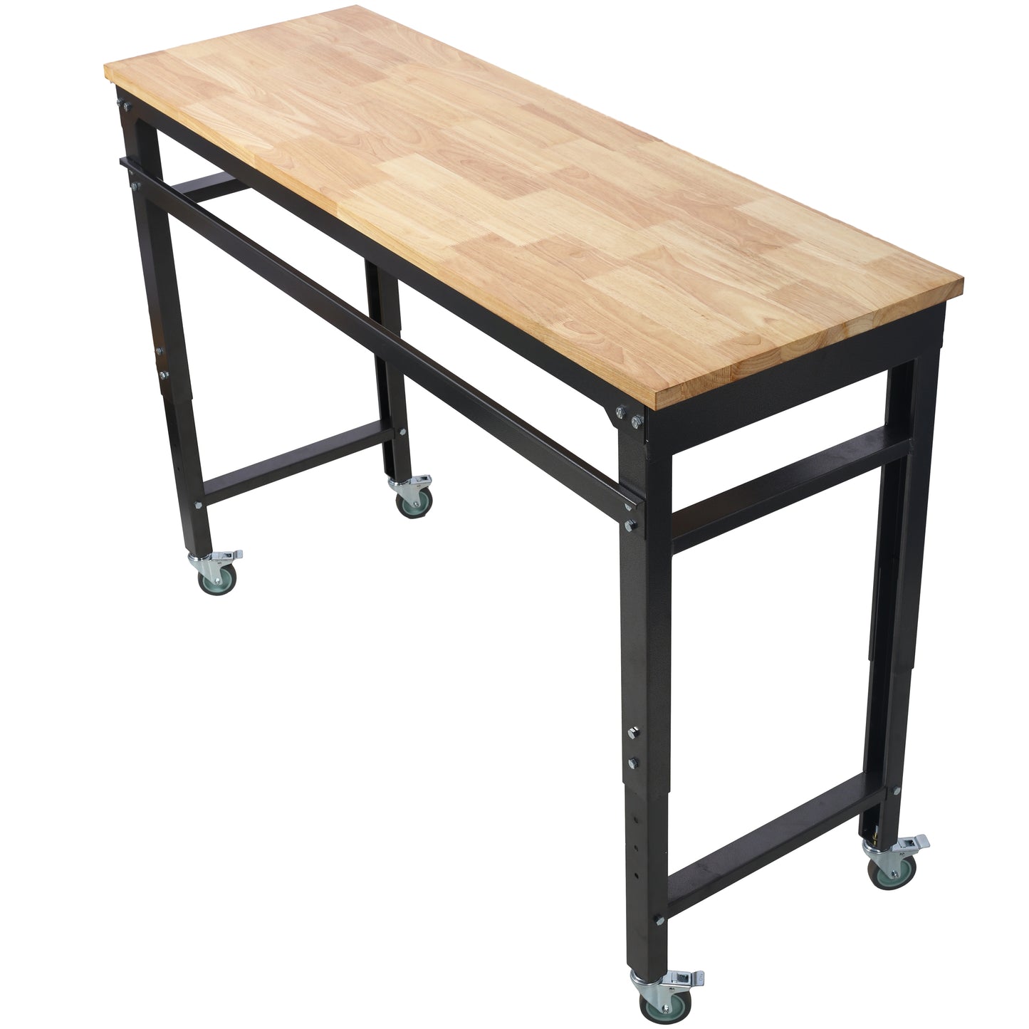 Workbench - 60' Wide Rolling Workbenches for Garage - Adjustable Height, Workshop Tool Bench, Metal with rubber Wood Top,Black Hammertone leg