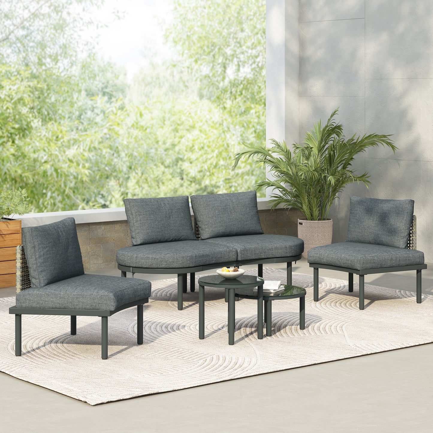 6-Piece Patio Sofa Furniture Set, Half Moon Outdoor Sectional Sofa with 2 High-Low Coffee Tables, PE Wicker Rattan, Tempered Glass, 4 Pillows & Cushions, for Backyard, Garden, Poolside,Gray